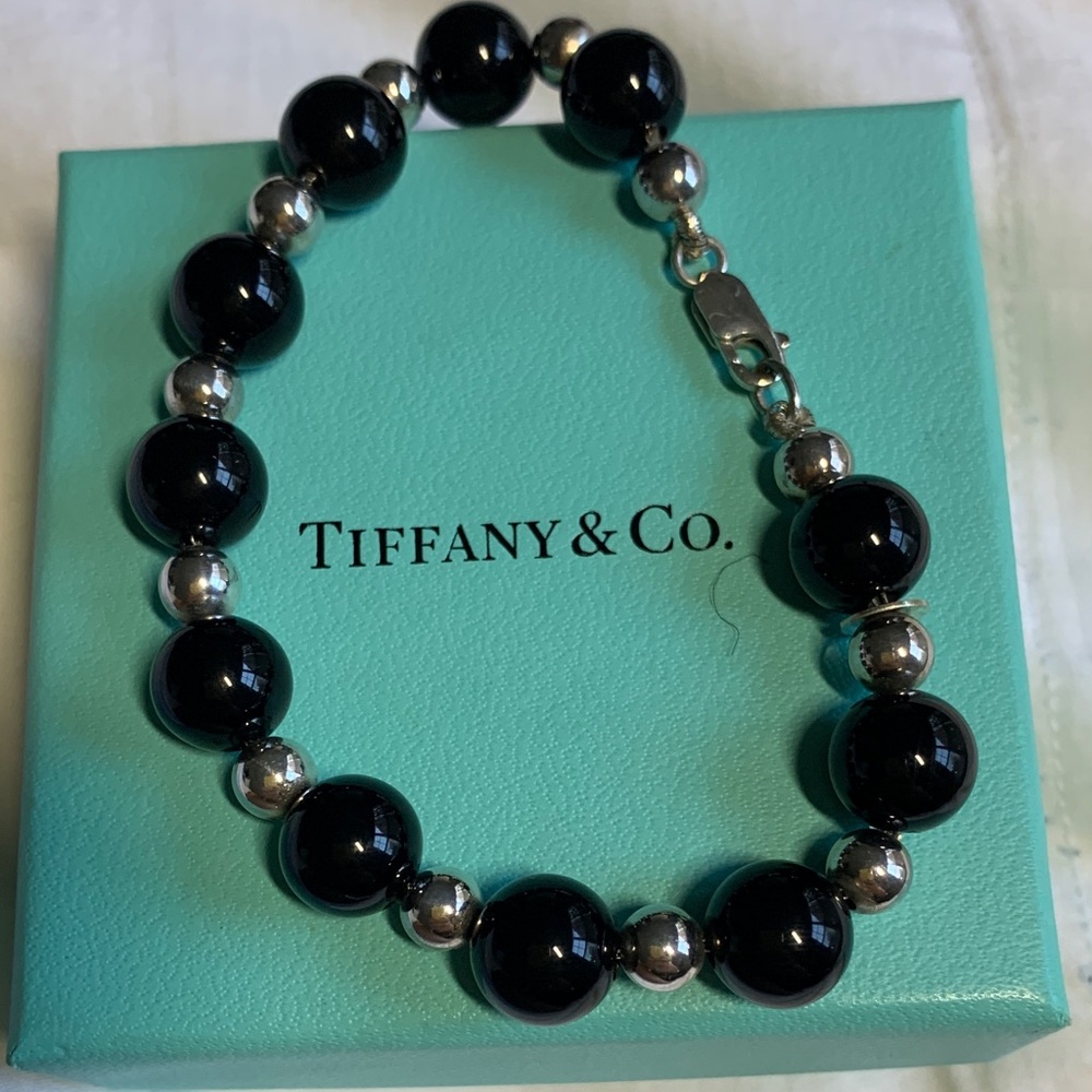 Vintage Tiffany & Co Onyx Bead Bracelet Sterling Silver 7.5"